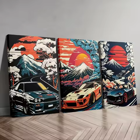 Sunset Road Trip Canvas Wall Art Set of 3 Panels,Wooden Framed Canvas Painting, Japanese Car Culture