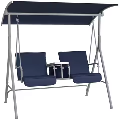 2 Person Porch Swing with Stand, Outdoor Swing with Canopy, Pivot Storage Table, 2 Cup Holders, Cush