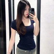 t shirt woman Ice Silk Ribbed U-Neck T-Shirt - Slim Fit & Versatile Style