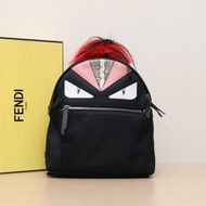 FENDI 黑色牛皮蛇皮尼龍芬迪小怪獸紅毛雙肩包//肩背包
