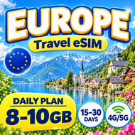 Europe Daily Travel eSIM 15-30 Days 8-10GB/Day High-Speed Data Prepaid eSIM Card 4G/5G LTE Hotspot S