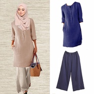Women Cotton Linen Muslimah Suit Tops &amp; Palazzo Pants Plus Size Seluar Muslim Long Loose Pants Slack Baju Set Warda