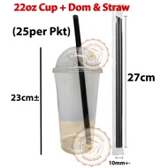 (25pcs) EC22 Dom Cup + Straw | EC22 Cup With Dom Lid 700ml | Cawan Plastik & Penutup Cawan | Drinkin