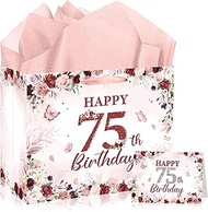 MOIZYNG 75th Birthday Gift Bag with Greeting Card and Tissue Paper Elegant Vintage Floral Design for