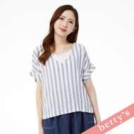 Betty's Betty's (31) Linen Crinkled Fabric Striped V-Neck Top (Blue)