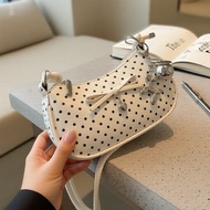 Mini Crossbody Purse For Women | Black White Polka Dot Bow | Silver Charms Zipper | Y2K Crescent Bag