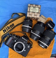 Nikon F3 尼康 菲林相機 連3鏡頭 全套直出28-85mm 35mm 105mm f2.8 Micro-Nikkor 手動鏡頭 原廠 HS-14金屬遮光罩 底面蓋 老鏡頭 停產品 舊物遇知音