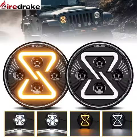 7 Inch LED Headlight Round Wrangler Headlight 200W 30000LM Yellow Gradient Angel Eyes H4 Headlamp fo