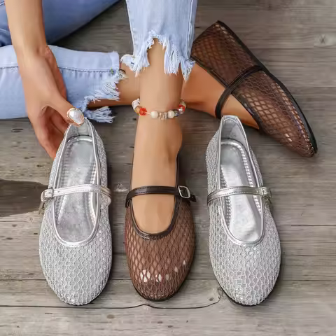 2026 Summer Designer Cosy Mesh Heels Women Flat Shoes Fashion Round Toe Buckle Strap Casual Outdoor 