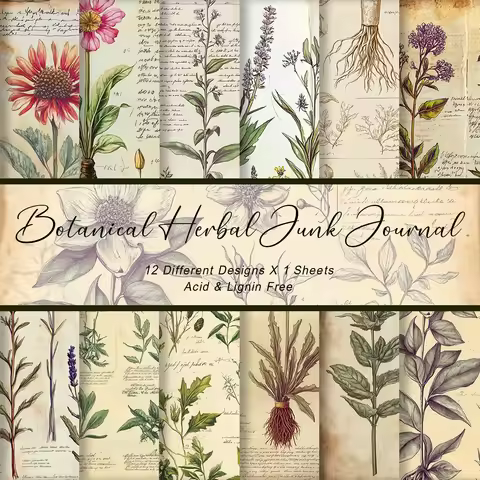 12pcs Vintage Botanical Herbal Flowers Paper Pad,For Journaling,Paper Cutting,Scrapbooking&Collage A