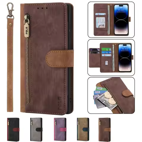 Zipper Multi 6-Card Lanyard Case for Sharp Aquos R8 Pro R7 R6 R3 R2 R 5G Retro Leather Wrist Strap H