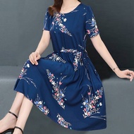 Middle-aged Elderly Women's Clothing Slimmer Look Cotton Silk Skirt Over-the-Knee Middle-Aged Mother's Clothing Short-Sleeve