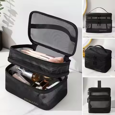 Fashion Transparent Mesh Travel Cosmetic Bag Storage 1/2/3 layer Toiletry Bag Large Capacity Make Up