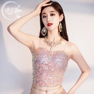 ชุดเต้นรำสไตล์ใหม่ Original Belly Dance Practice Suit Shiny Sequin Strap Top Long Skirt Performance