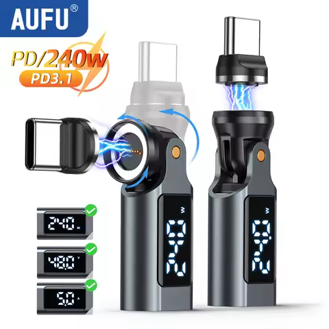 AUFU Digital Display USB C Magnetic Adapter PD240W 9Pin USB C to Type C Fast Charging USB-C Female O