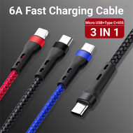 66W 6A 3 In 1 Fast Charging Cable USB C To Micro USB+Type C+Lightning IOS Braided Data Cable Quick Charge For iPhone Android