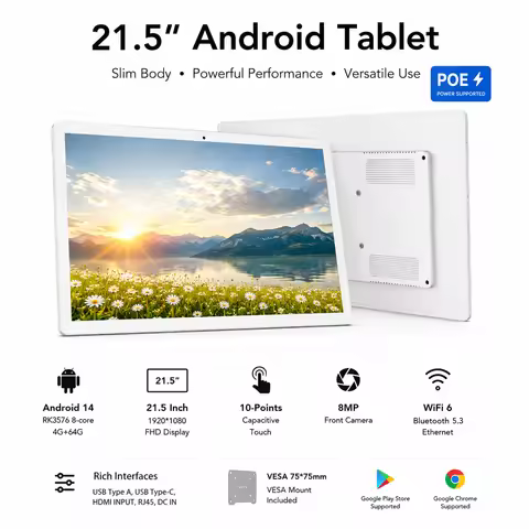 21.5" 8-core CPU Android 14 Tablet with Wall Mount, RJ45 POE HDMI Input Touch Screen Display, Big Sc