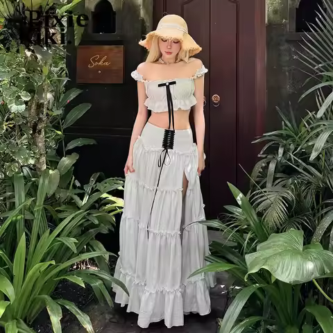 PixieKiki 2 Piece Set Crop Top and Split Maxi Skirt White Suits for Woman Shoujo Girl Style Summer V