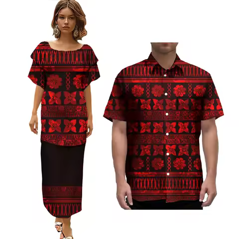 Polynesian Tribal Samoan Puletasi Dress Matching Hawaiian Shirt Floral Dress