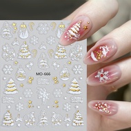 Christmas Tree Gold Foil Nail Art Sticker with 3D Relief White Snowflake and Wreath Design for DIY D