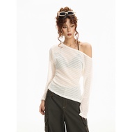 EVPGB | เสื้อยืดแขนสั้นสไตล์ Stripe Off Shoulder แบบปกป้องแสงแดด สไตล์ American Spice Girl