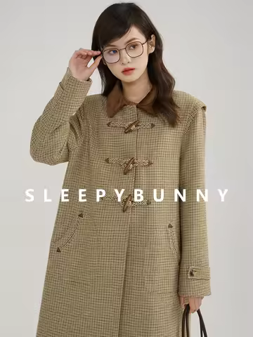 Wool Houndstooth Duffle Coat Women Winter British Style Colorblock Collar Long Jacket Warm Elegant T