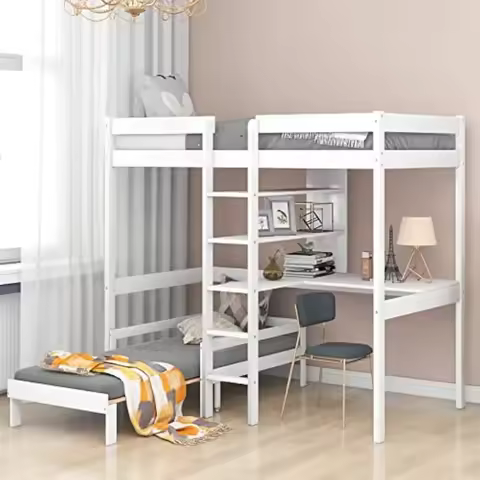 Loft Bed, Twin Bunk Bed with Desk and Shelves Convertible Wood Loft Bed Frame with Storage for Kids 