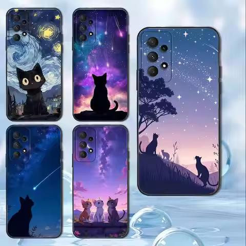 Starry Sky Cat Pattern Phone Case For Samsung Galaxy A13,A21s,A22,A31,A32,A52,A53,A71,A80, Soft Blac