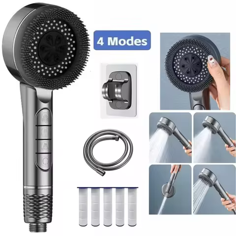 4 Modes High Pressure Water Saving Shower Head One-Key Stop Water Massage Sprayer Set With Filter El