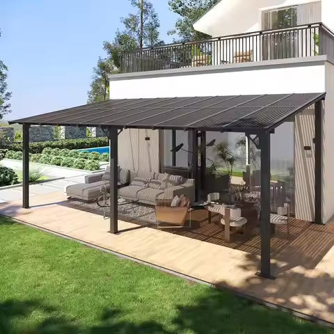 Lean to Gazebo, Hardtop Metal Gazebo Pergola with Polycarbonate Roof, Large Wall Mounted Heavy Duty 