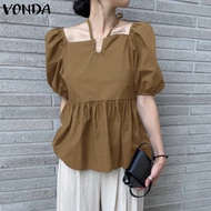 VONDA เสื้อเก็บเอวแขนพองผู้หญิงที่สง่างามเสื้อท่อนบนคอเชือกแขวนคอ (ลำลองเกาหลี)