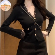 Warmwing Short Cardigans V Ne Elegant Lace Patchwork Vintage Woman Sweaters Autumn Winter Korean Fas