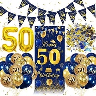 50th Birthday Decoration for Men, 50 Years Happy Birthday Blue Gold Banner, 50th Birthday Party Ball