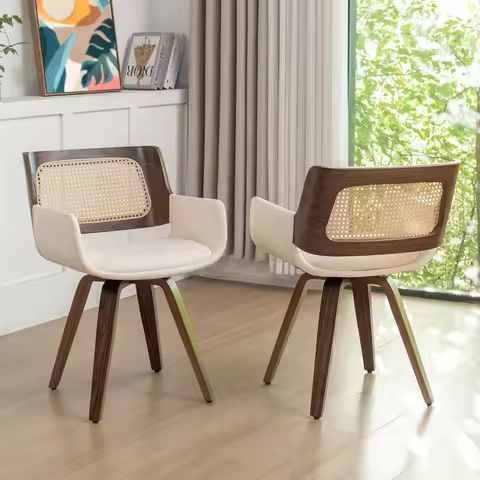 Set of 2 Swivel Dining Chairs - MCM Dining Chairs with Curved Arms, Ergonomic Cane Back, Bentwood Fr