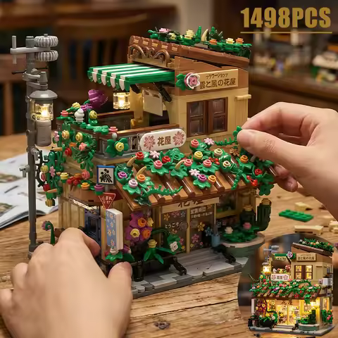 1498Pcs City Japanese Flower Shop Street View Building Blocks Florist's Shop With Lights Bricks Arch