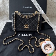 【配件：防塵袋 💕】Chanel 22k woc 雙鏈條logo 黑金 荔枝皮 手提 斜挎 單肩