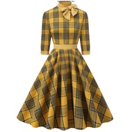 Women Vintage Plaid Dress With Pocket Rockabilly Cocktail Party 1950s 40s 50s Swing Dress Long Sleev