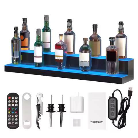 LED Lighted Liquor Bottle Display Bar Shelf RF & App Control 40" 2-Step