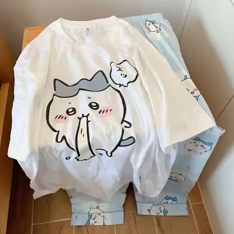 Chikawa Pijamas Kawaii Cotton Sleepwear Round Neck Long Sleeve Loose Cartoon Cute Usagi Pijamas Girl