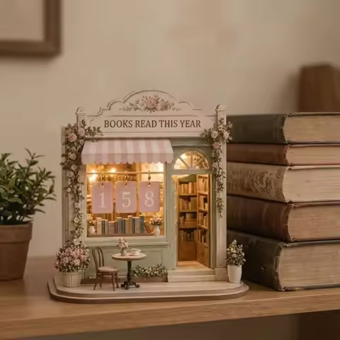 2D Flat Wooden Reading Tracker Book Calendar Vintage Reading Challenge Tracker Fairy House Flip Tile
