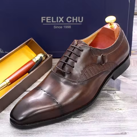 FELIX CHU Men's Brown Genuine Leather Oxfords Dress Shoes Lace-Up Business Wedding Suit Shoes Big Si