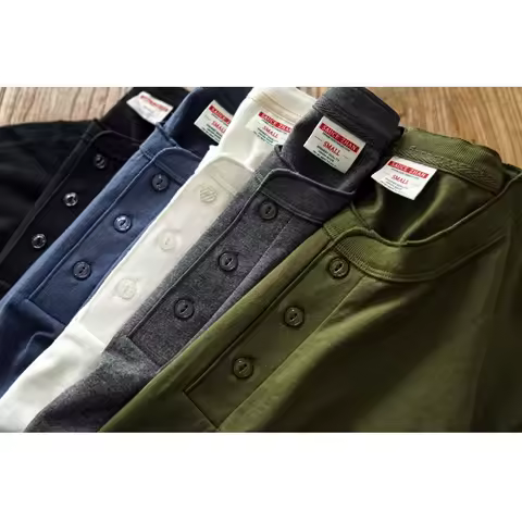 Sauce Zhan Mens T Shirts Henry Collar Pure Cotton Solid 5 Color Summer Short Sleeve Vintage Style Re