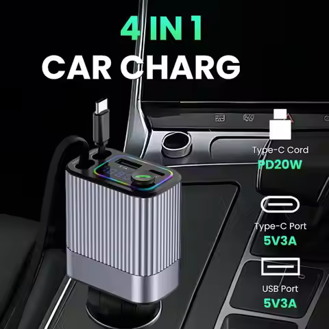 4In1 120W Car Charger Bluetooth FM Transmitter USB Type C Fast Charging Adapter With USB C Retractab