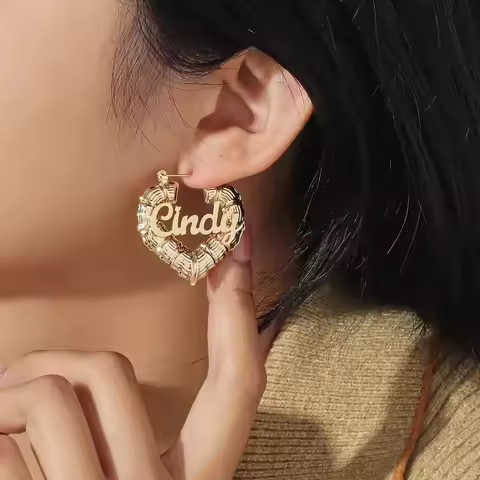 Kids Name Bamboo Earrings Personalized Nameplate Earring Custom Heart Bamboo Earrings For Women Chri