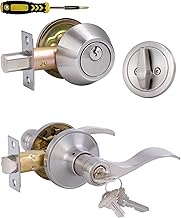 1 Set Keyed Alike Exterior Door Lever Lockset with Single Cylinder Deadbolt Combination Set, Front Door Door Knob with Lock and Deadbolt, Satin Nickel Finish