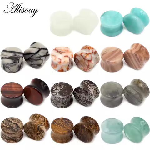 Alisouy 1pair 11style Natural Organic Stone Ear Plugs and Tunnels Gauges 6-16mm Ear Expanders Stretc