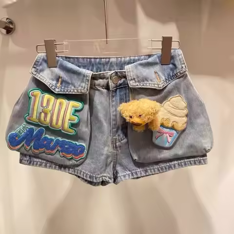 Design 3d Bear Velcro Design Denim Shorts Women's Summer New Loose Jeans Hot Pants