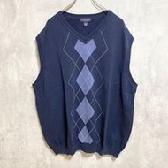 古著 ROUNDTREE & YORKE 菱形針織背心毛衣，V 領，超大號，海軍藍，XXXL 碼