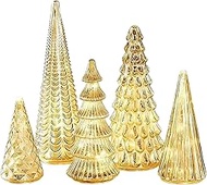Set of 5 Lighted Mercury Glass Trees: Glass Christmas Tree with LED Lights, 2026 New Upgrade Mirror 