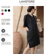 LAHSTORE middle-aged linen dress with shirt collar, mixed braces, youthful half sleeves DS01 (Black,